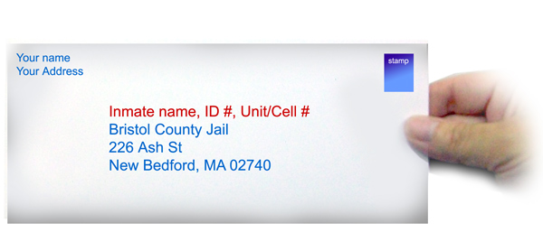 an image of an envelop and address to send mail to an inmate at the Ash St Jail in New Bedford, MA