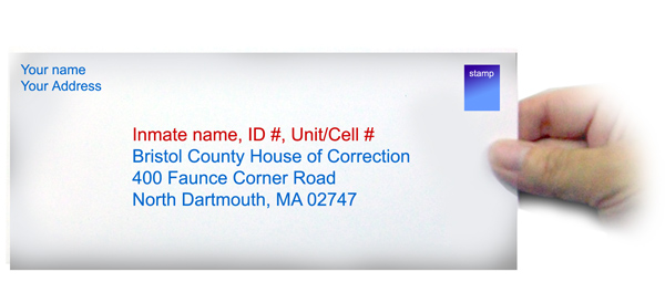 an image of an envelop and address to send mail to an inmate in Dartmouth, MA