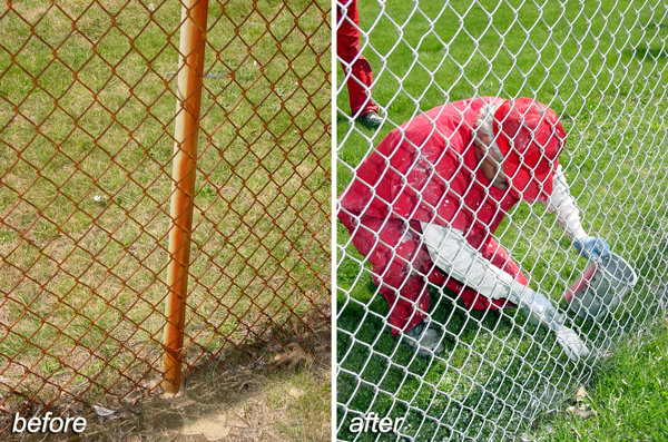 a before and after image of an inmate painting a fence